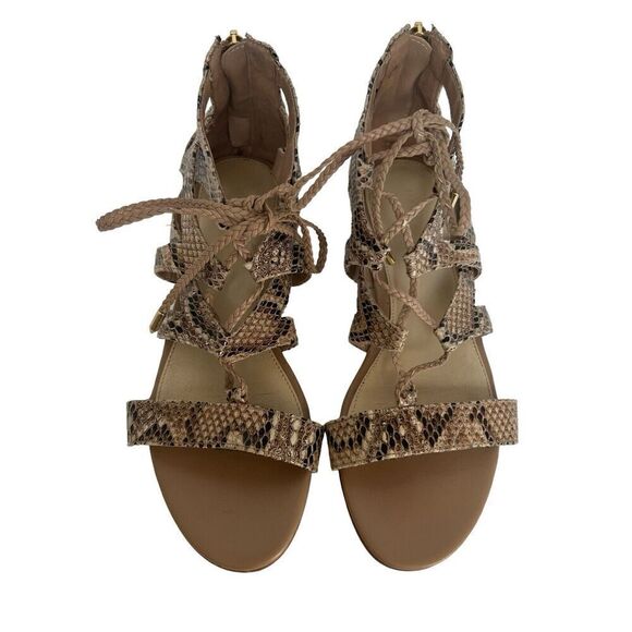 Marc Fisher Tan Snake Skin Print Gladiator Sandals Size 7 Back Zip Flats - Picture 3 of 11